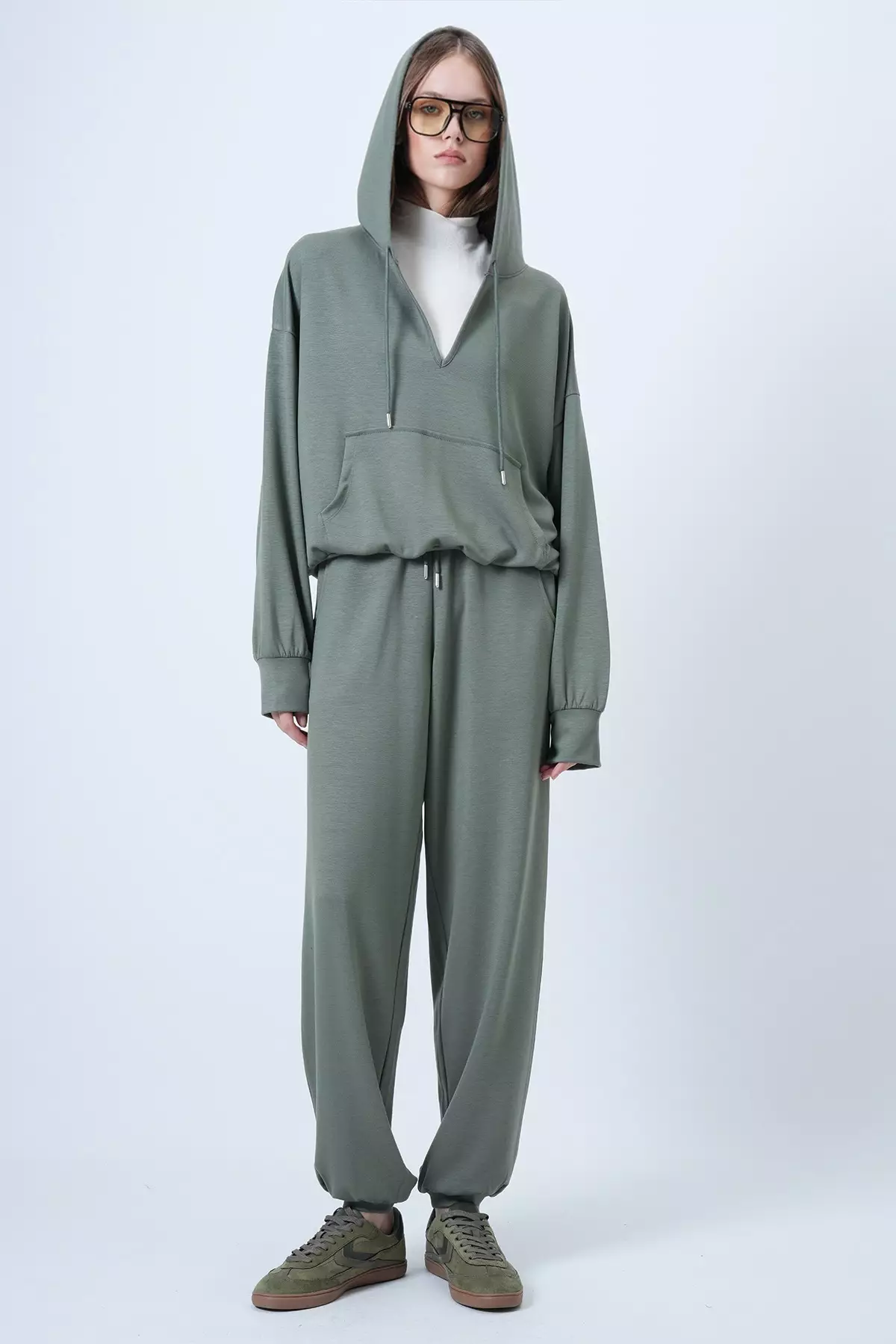 Women'S Khaki Hooded V-Neck Oversized Modal Sweatshirt And Pants Set Alc-X14646