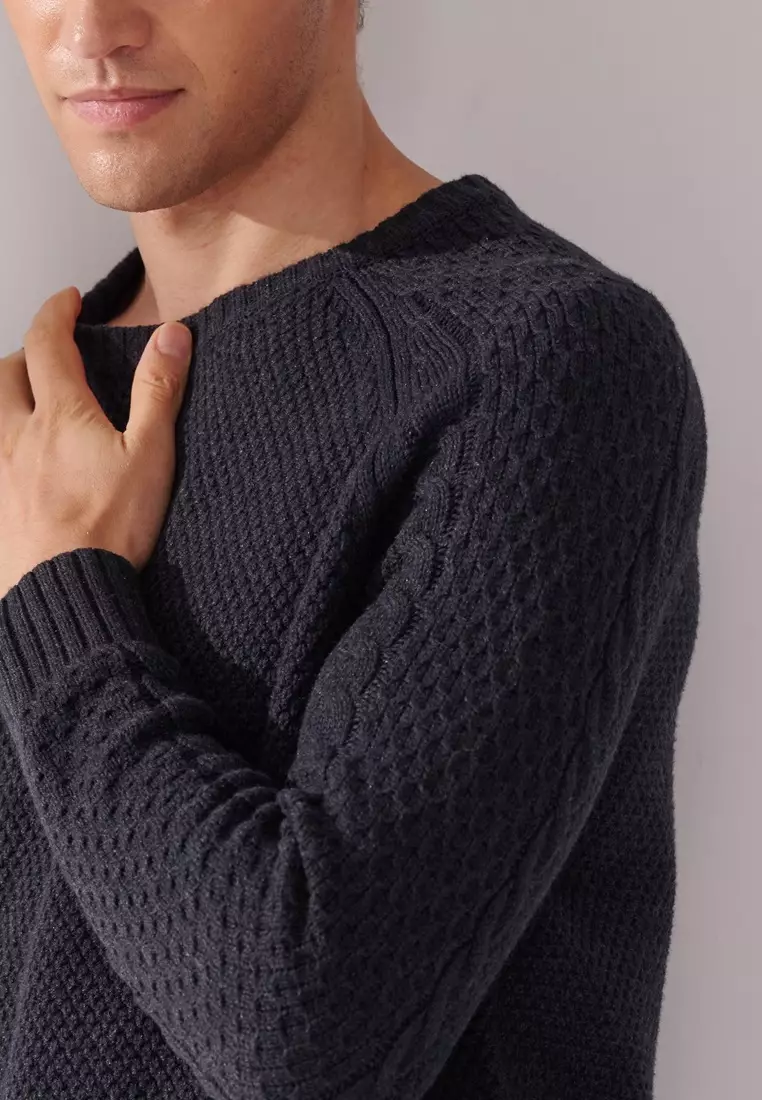 Grey Cable-Knit Crew Neck Sweater