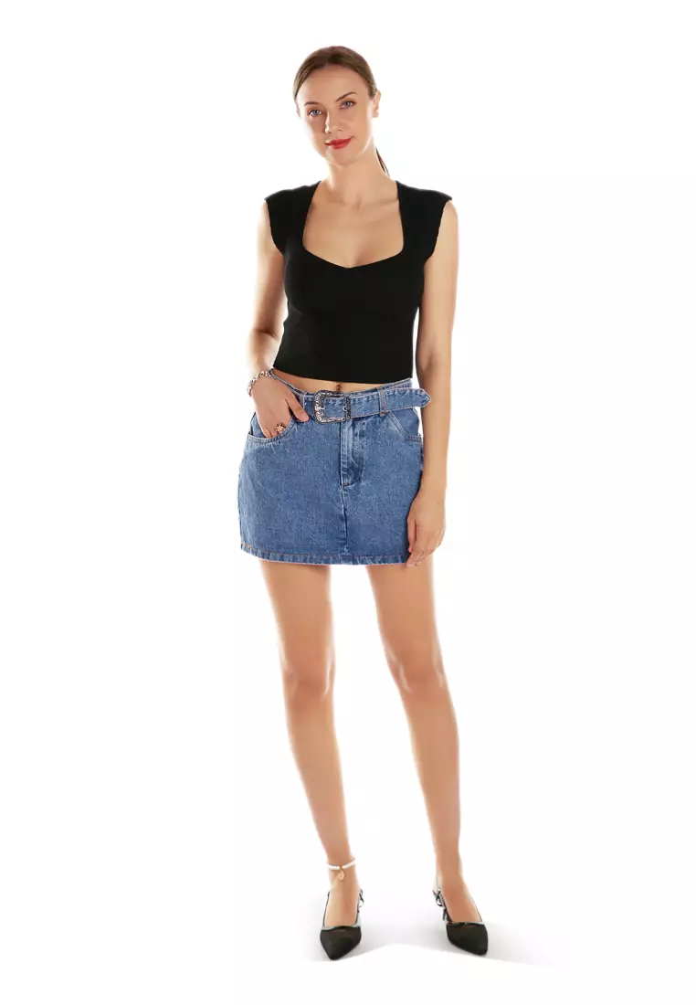 Sculpted Buckle Mini Skirt in Mid Blue
