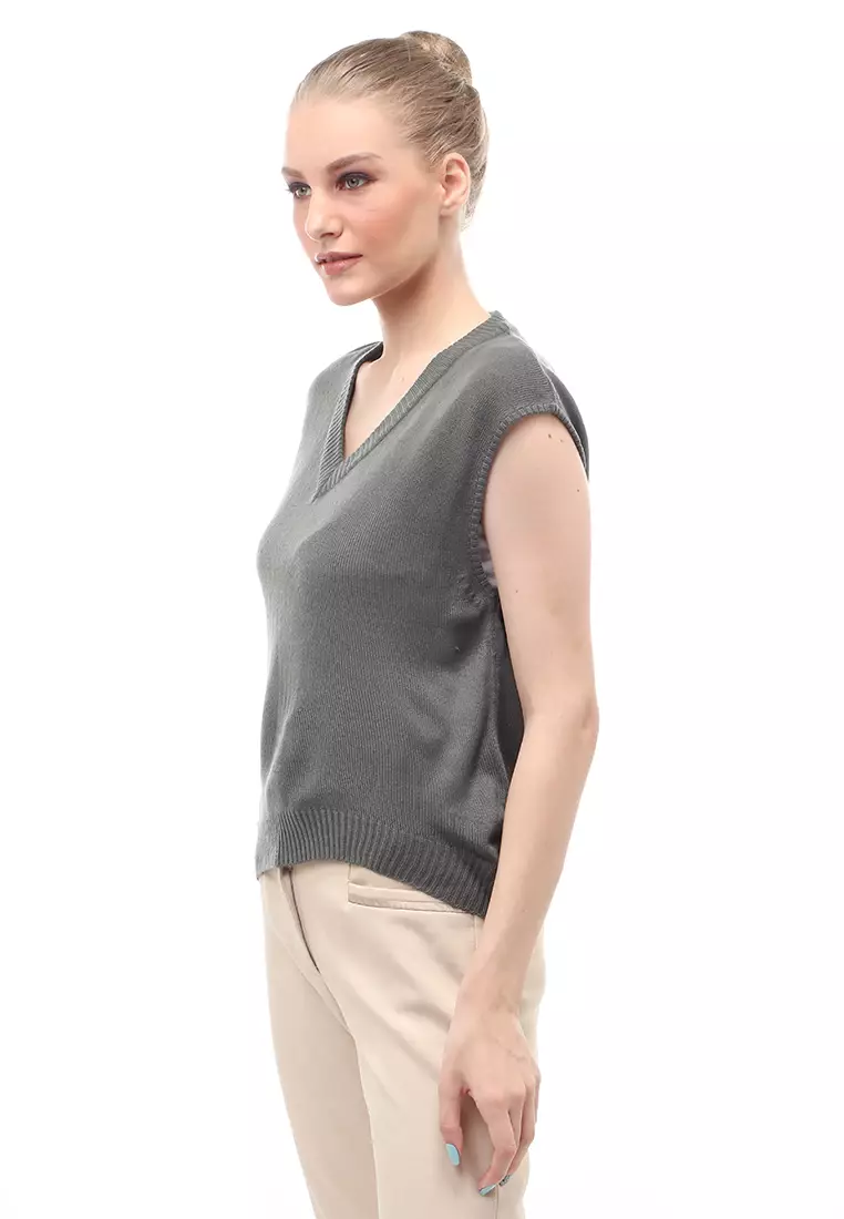 Vest Knit Atasan Wanita Sleeves Kerah V-neck Design Simple - Charcoal