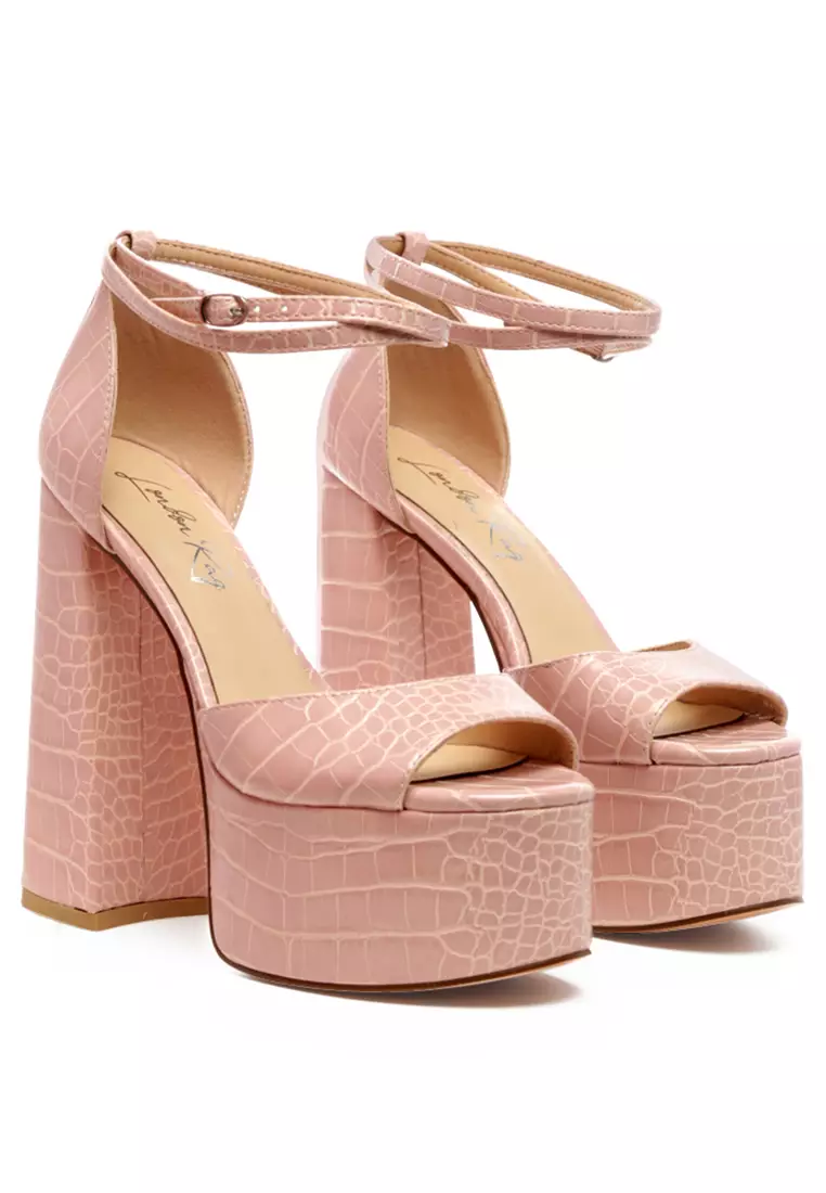 Buy London Rag Black Croc Textured High Heeled Block Sandal Online