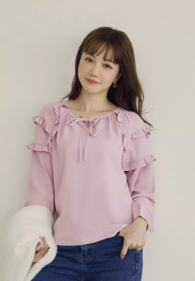 Sweet Bow Tie Ruffle Trim Long Puff Sleeve Top [AB17751]