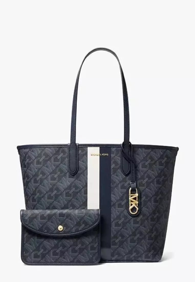 Michael Kors Eliza Large Empire Signature Logo Stripe Tote Bag Admiral Pale Blue