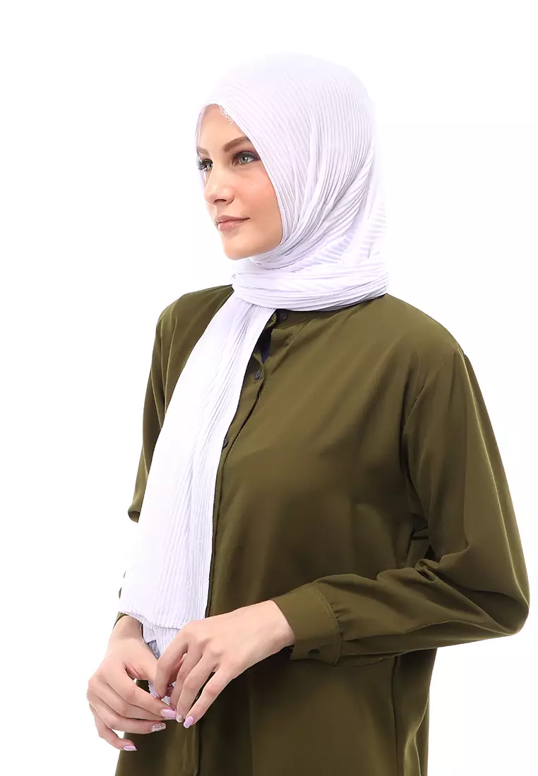 Melissa Pashmina Plisket Garis Hijab Wanita Relaxed Fit - White