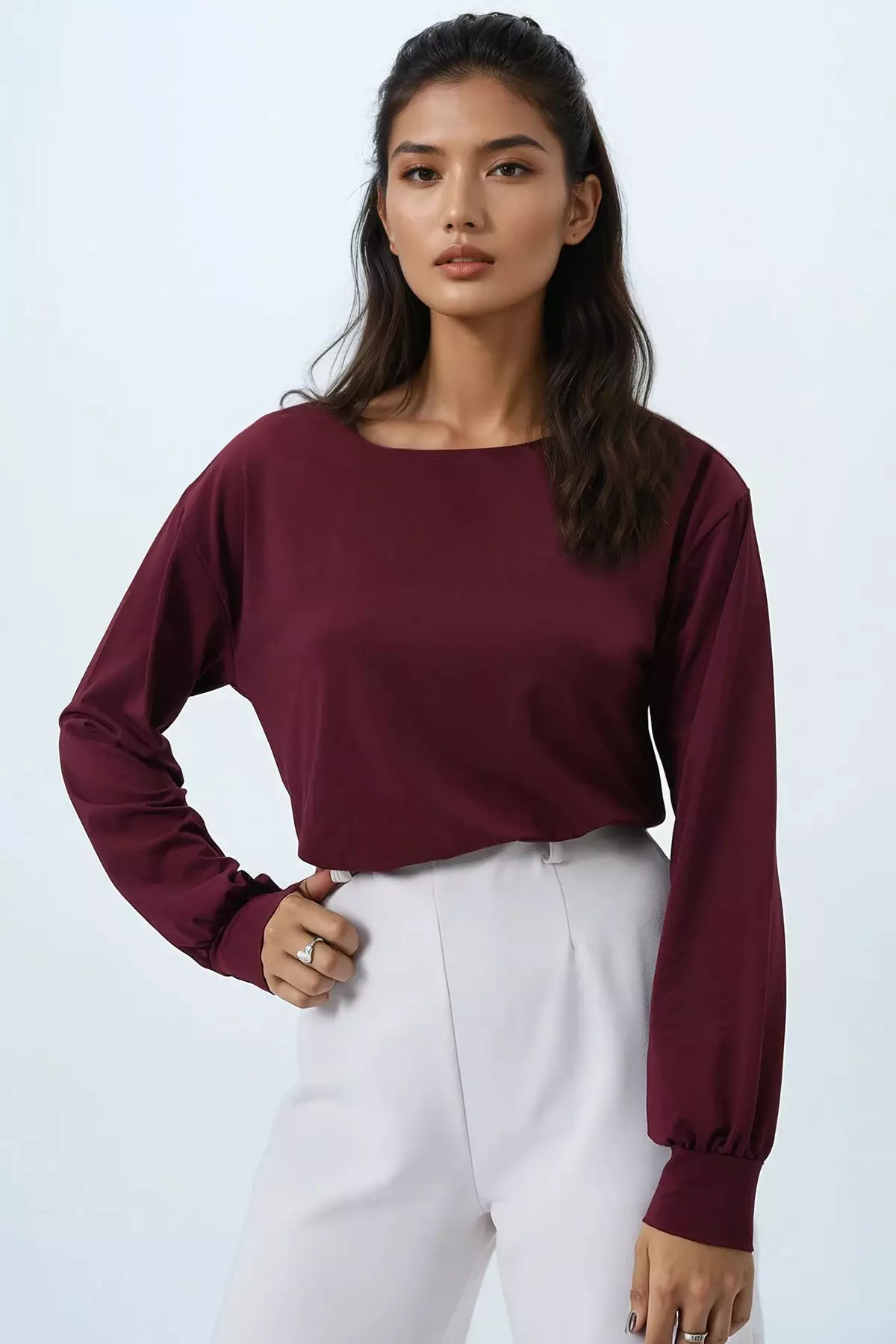 Women's Burgundy Boat Neck Sleeves Cuffed Blouse Alc-X14393