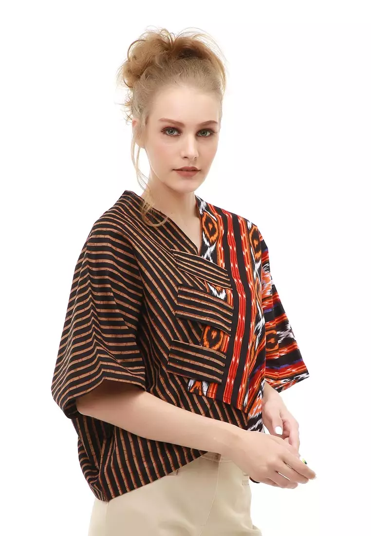 Lynelle Atasan Formal Wanita Blouse Crop Top Batik Songket Material Cotton ORIGINAL - Orange