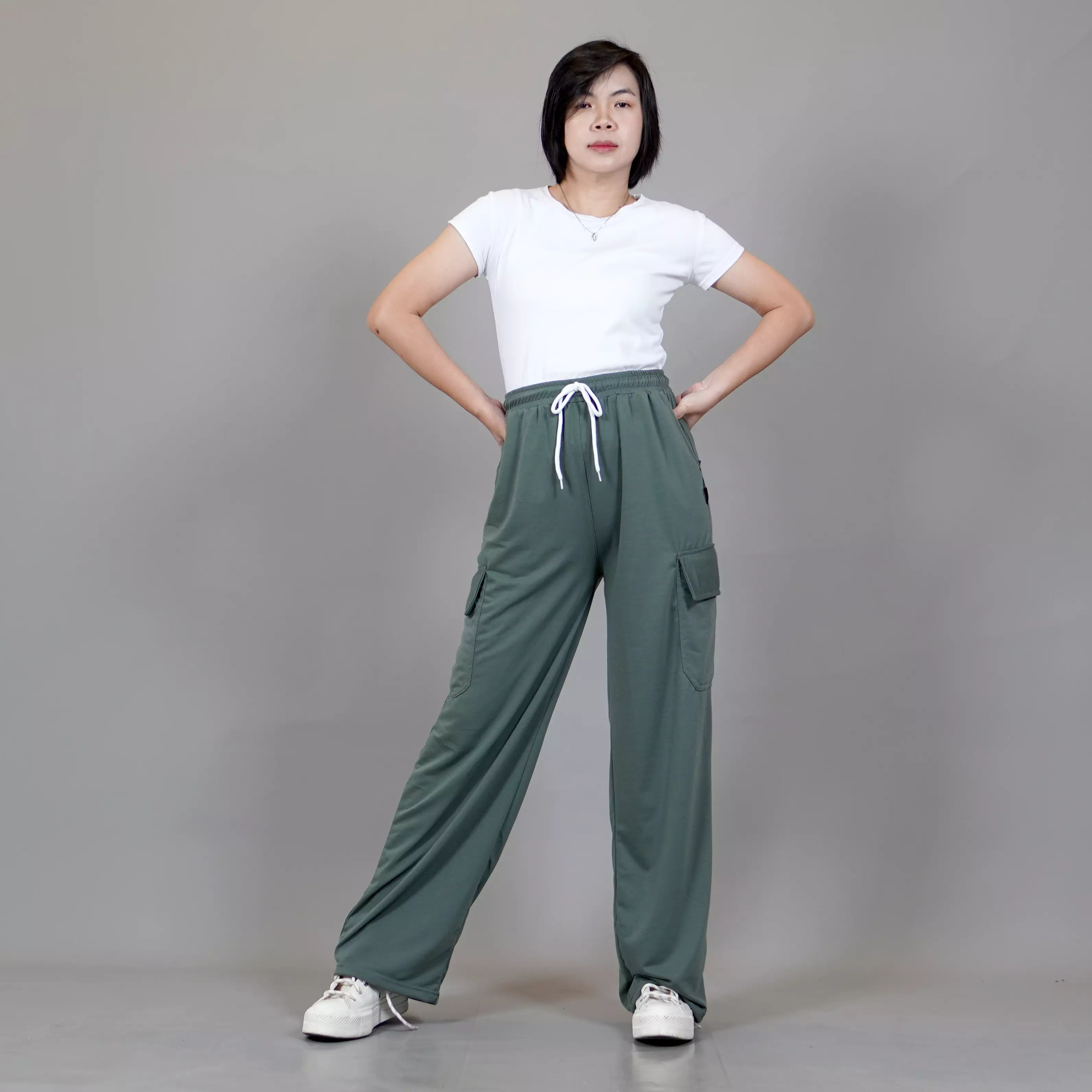  YOONA Celana Kargo Loose Fit Cargo Pants Wanita - SAGE