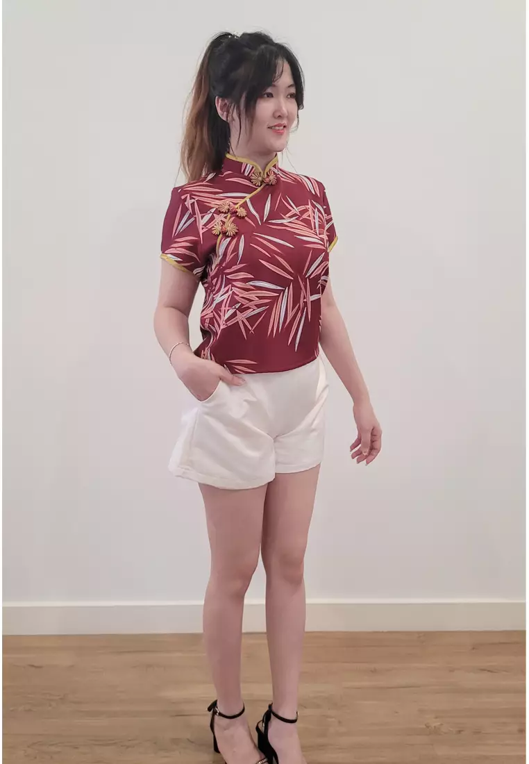 Ivory Cheongsam Cap Sleeves Top Red Leaf Printed