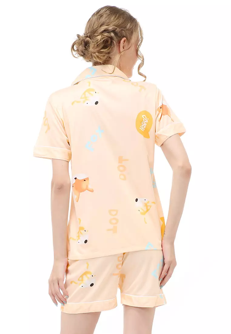 Vance Setelan Piyama Baju Tidur Wanita Celana Pendek Motif Fox Material Spandex ORIGINAL - Orange