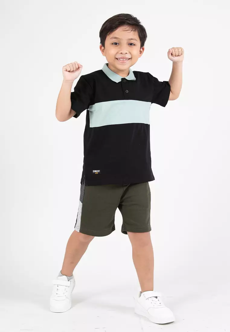 Forest Kids Premium Weight Cotton Stretchable Polo T Shirt Kids | T Shirt Baju Budak Lelaki - FK20259-01Black