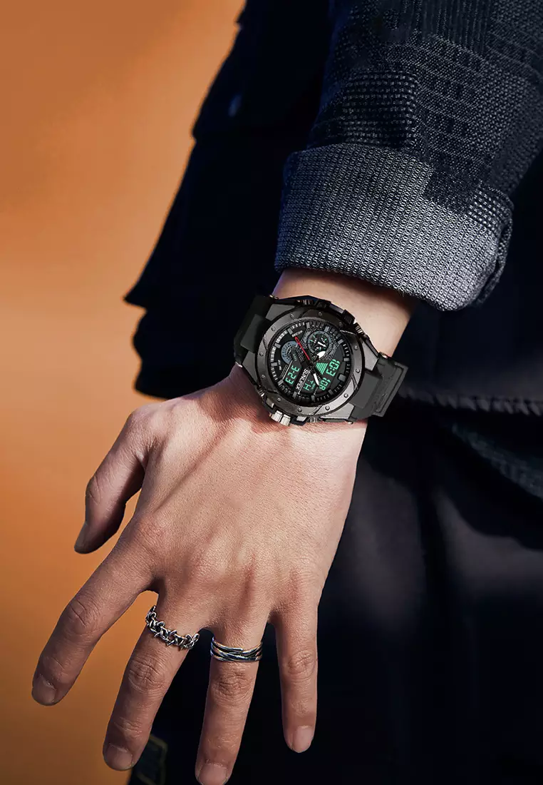 Jam Tangan Pria D009 Digital Analog Tali Rubber Chronograph Olahraga Jam Tangan Cowok allblack