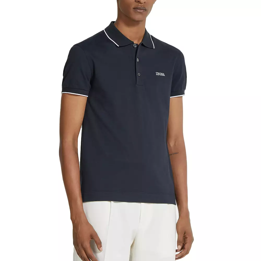 Stretch Cotton Polo Shirt Navy Blue