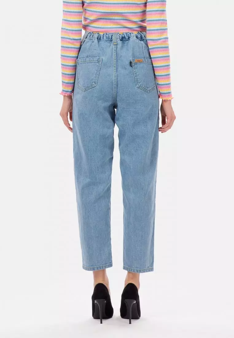 MKY New Boyfriend Jeans with Elastic Waist in Light Blue