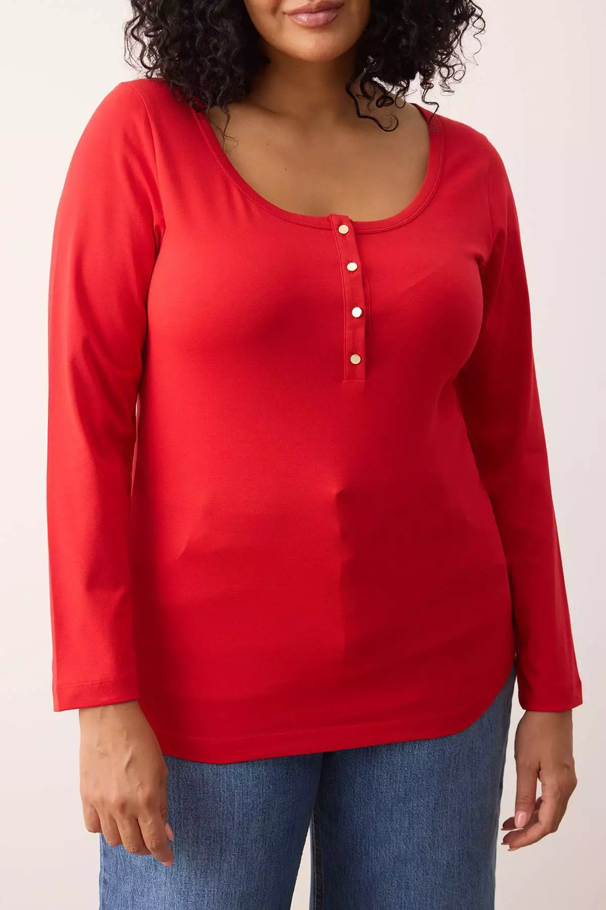Red Knitted Body Fitting Button Detail Plus Size Blouse Tbbaw26Af00008