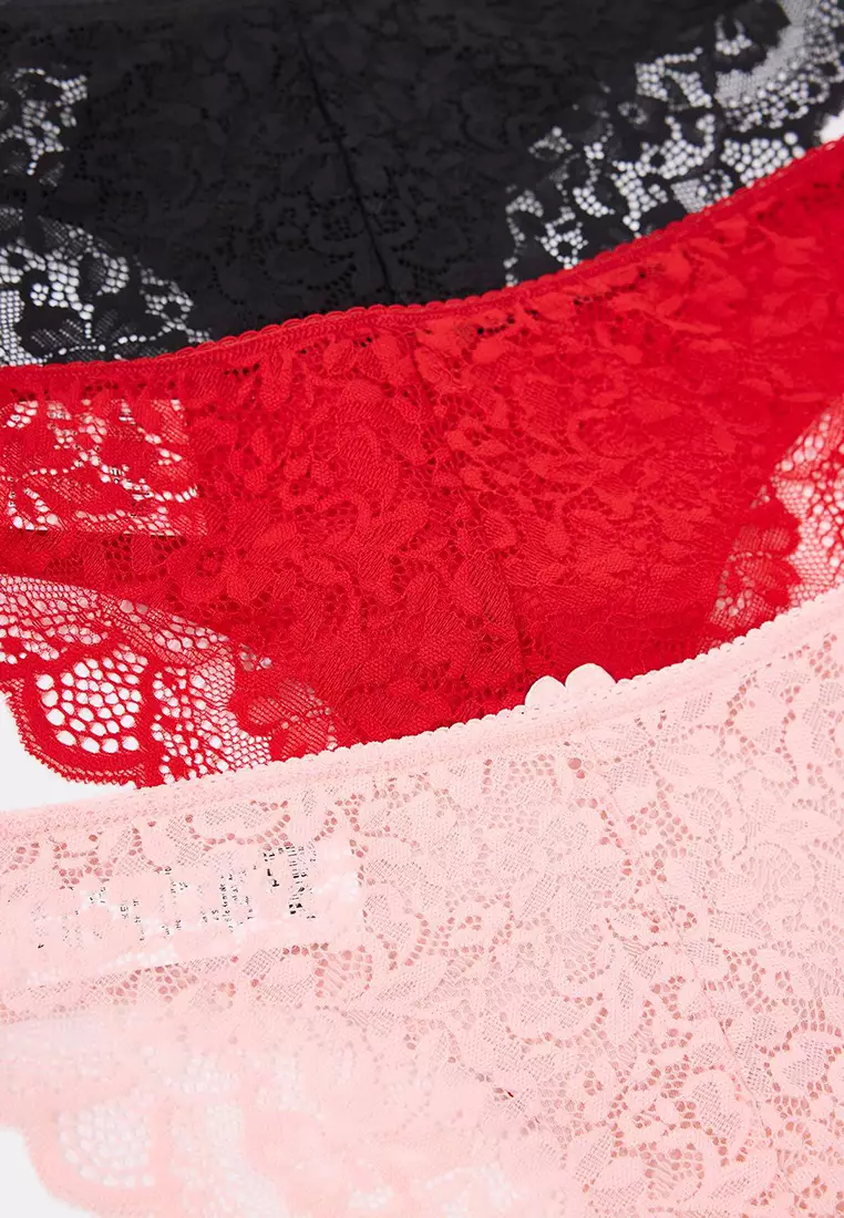 Black Red Powder 3 Piece Micro Lace And Ribbon/Bow Detail Knitted Brazilian Panties