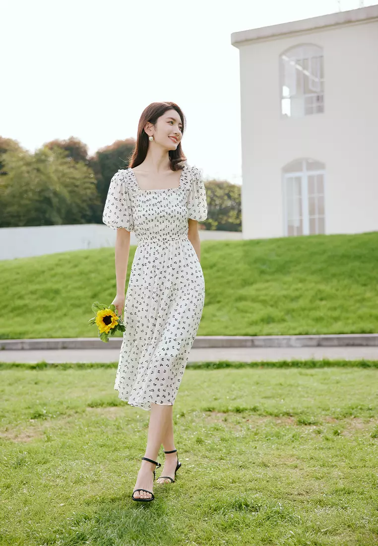 Buy Hopeshow Polka Dot Puff Sleeve Ruffle Hem Dress Online