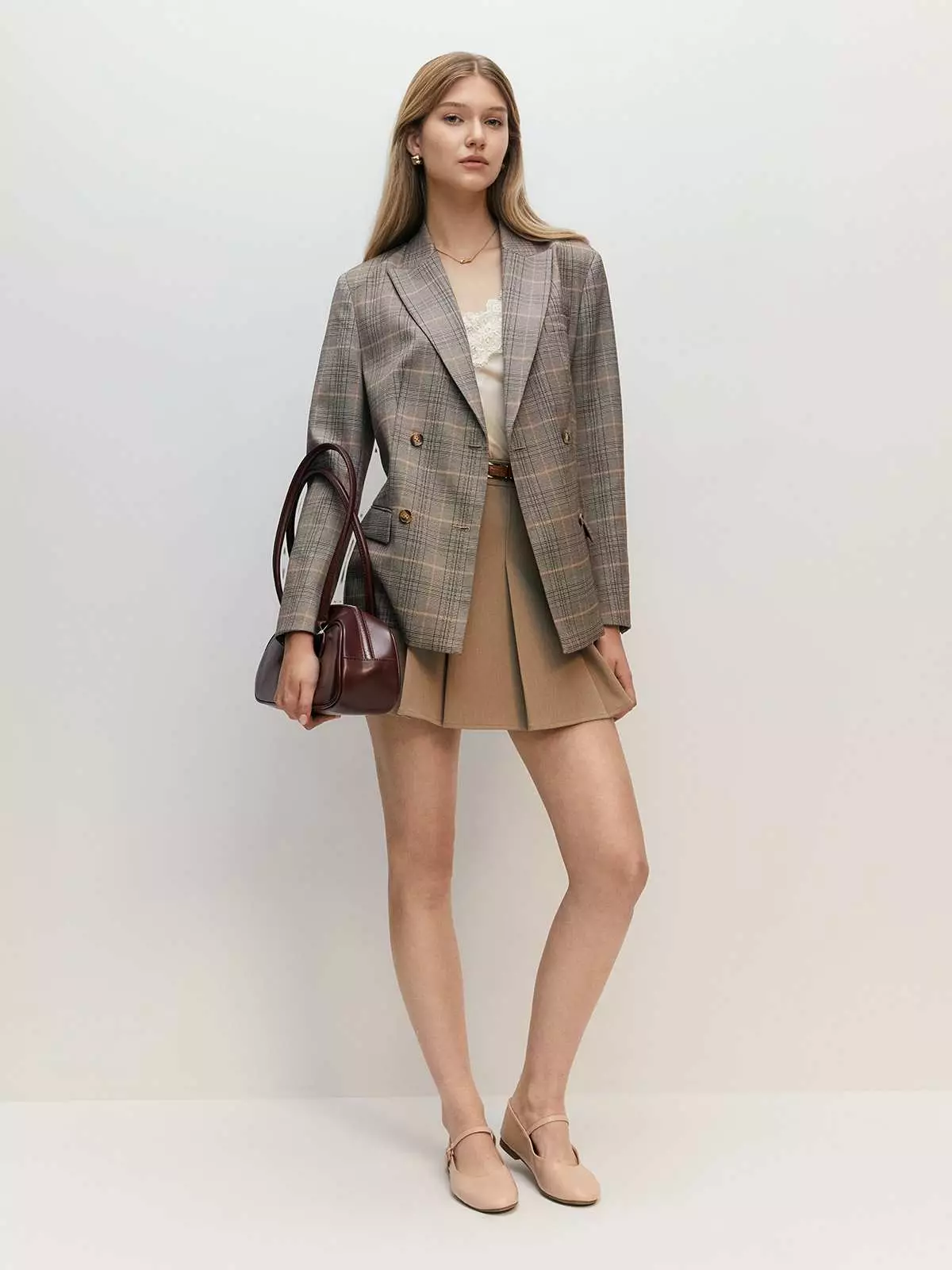 Double Breasted Plaid Blazer - Brown