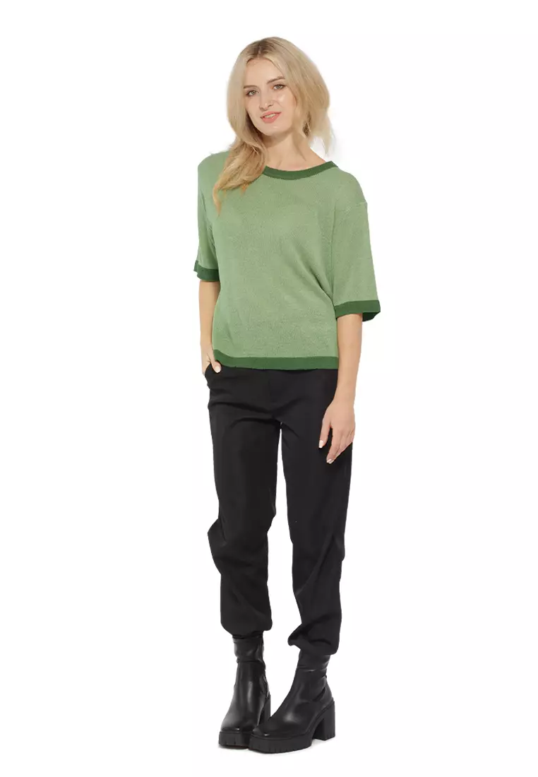 Green contrast neck and sleeve rib t-shirt