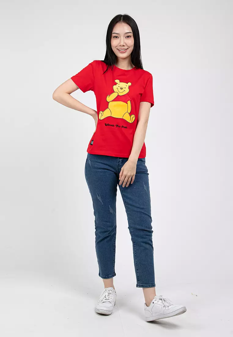 Forest X Disney Winnie The Pooh Fleece Texture Round Neck Family Tee Ladies - FW820055-51Red