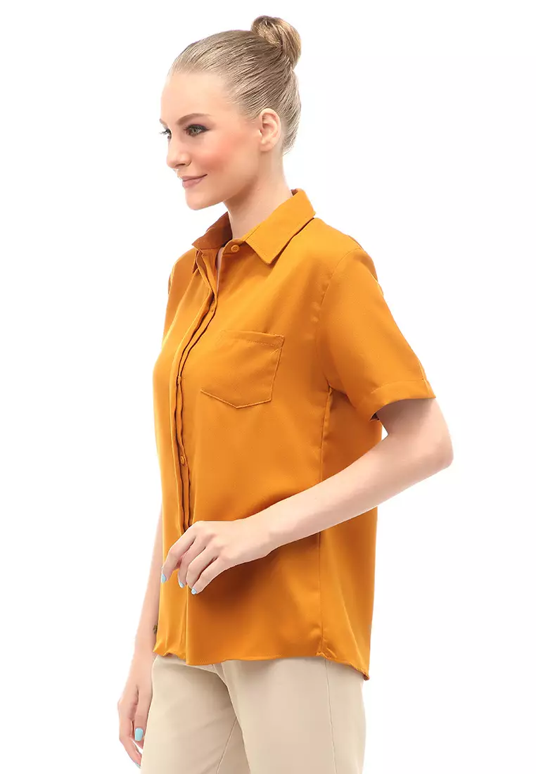 Shirt Atasan Wanita Lengan Pendek Detail Saku Motif Polos Design Simple - Mustard