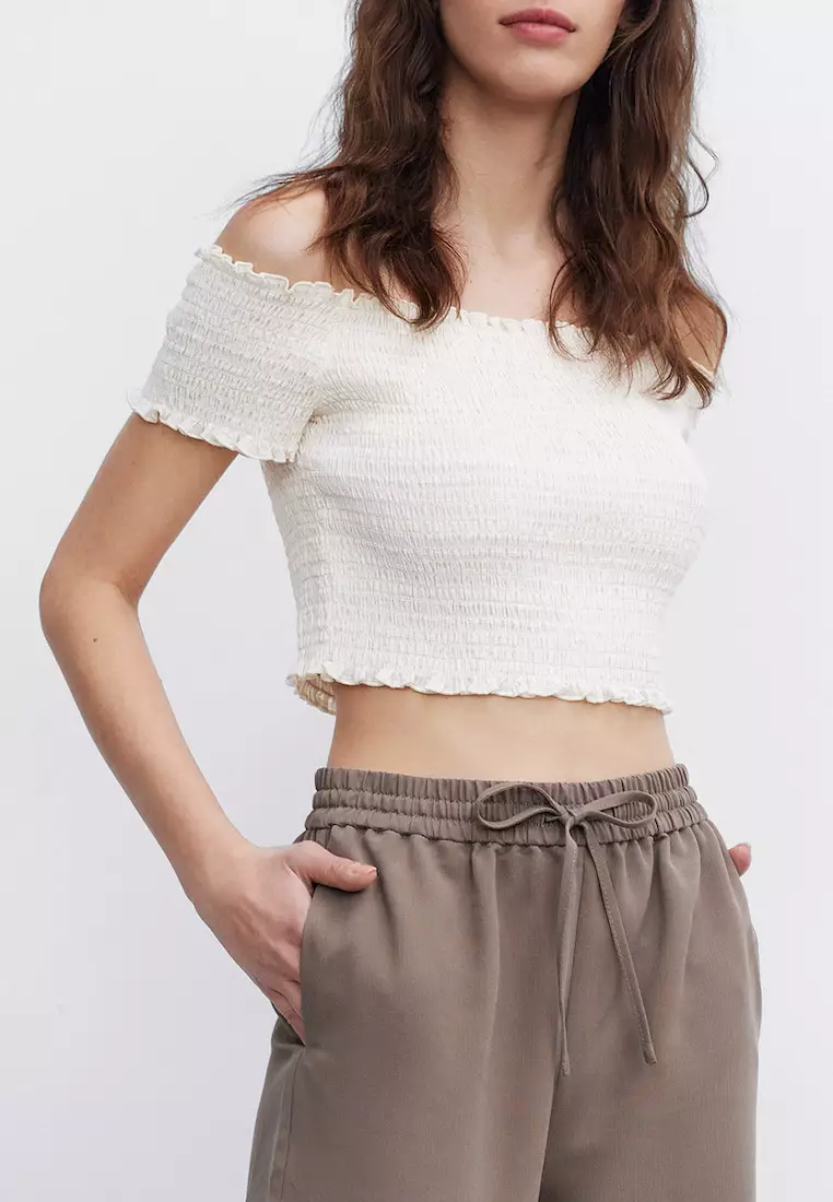Hollister smocked off top the shoulder crop top