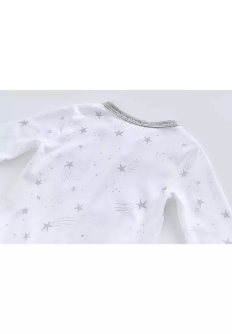 嬰兒男孩棉質連體睡衣 白色星星挖掘機 雙向拉鏈 連體衣