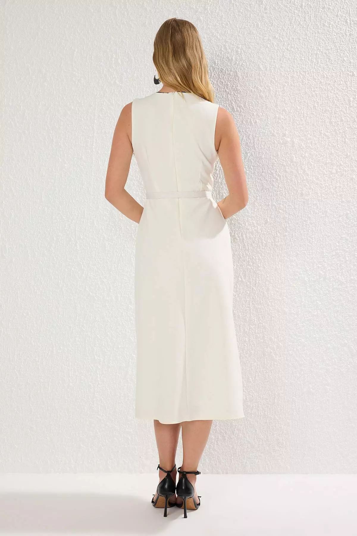 White Belted A-Line Bias And Button Detail Lined Midi Woven Dress