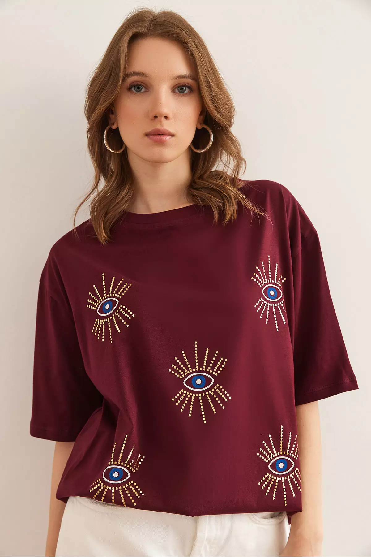 Women's Burgundy Eye Printed Foil Detailed T-Shirt Tsh- 19000770