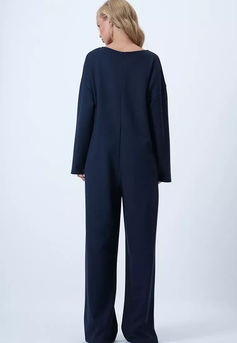 Crew Neck Back Zippered Relaxed Cut Jumpsuit