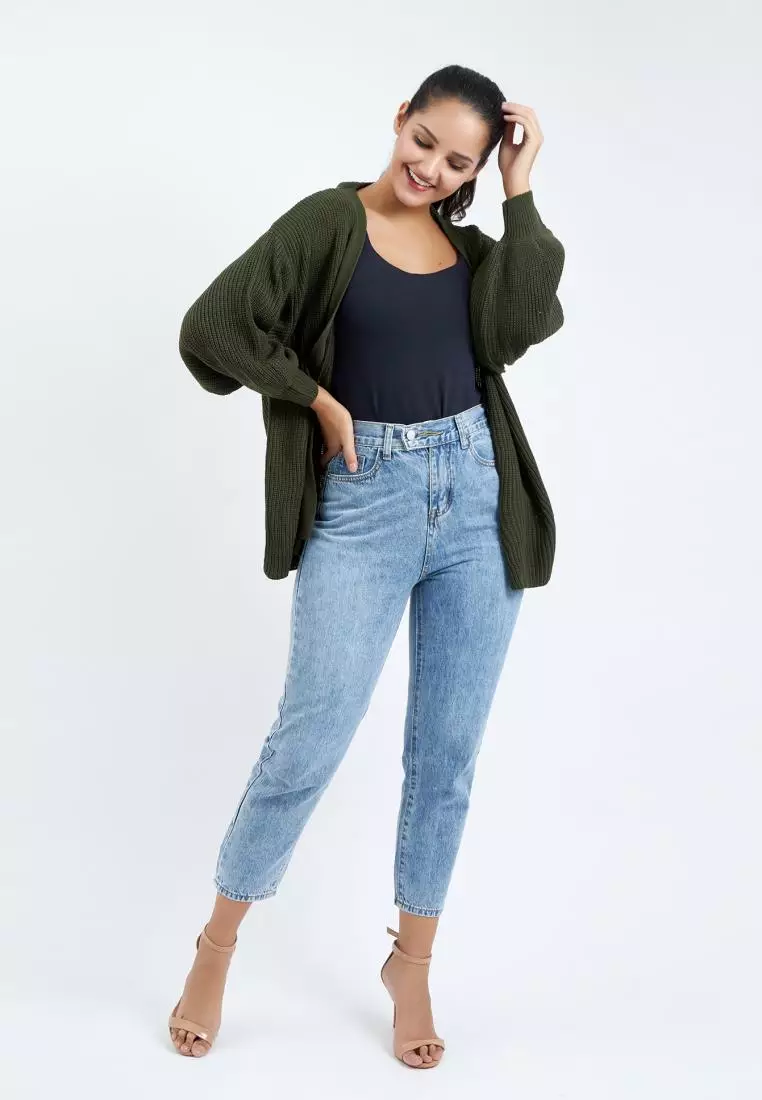 Balloon Sleeve Knit Cardigan in Green