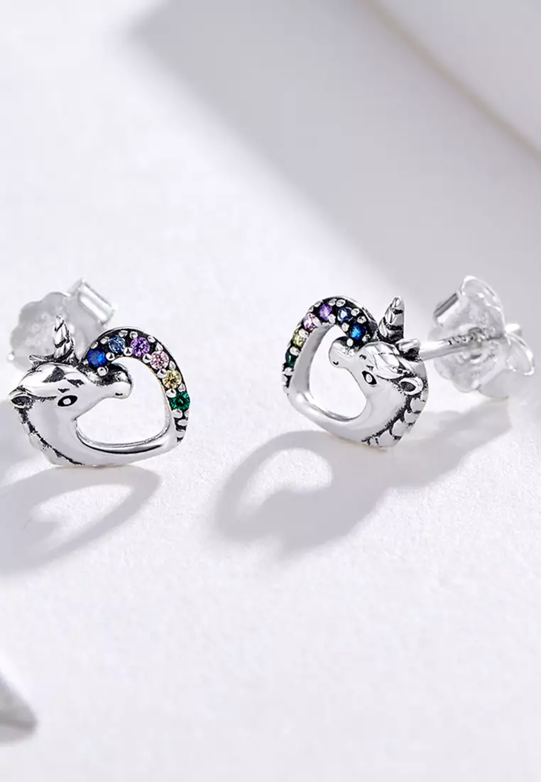 Solid 925 Sterling Silver Colourful Unicorn Stud Earrings