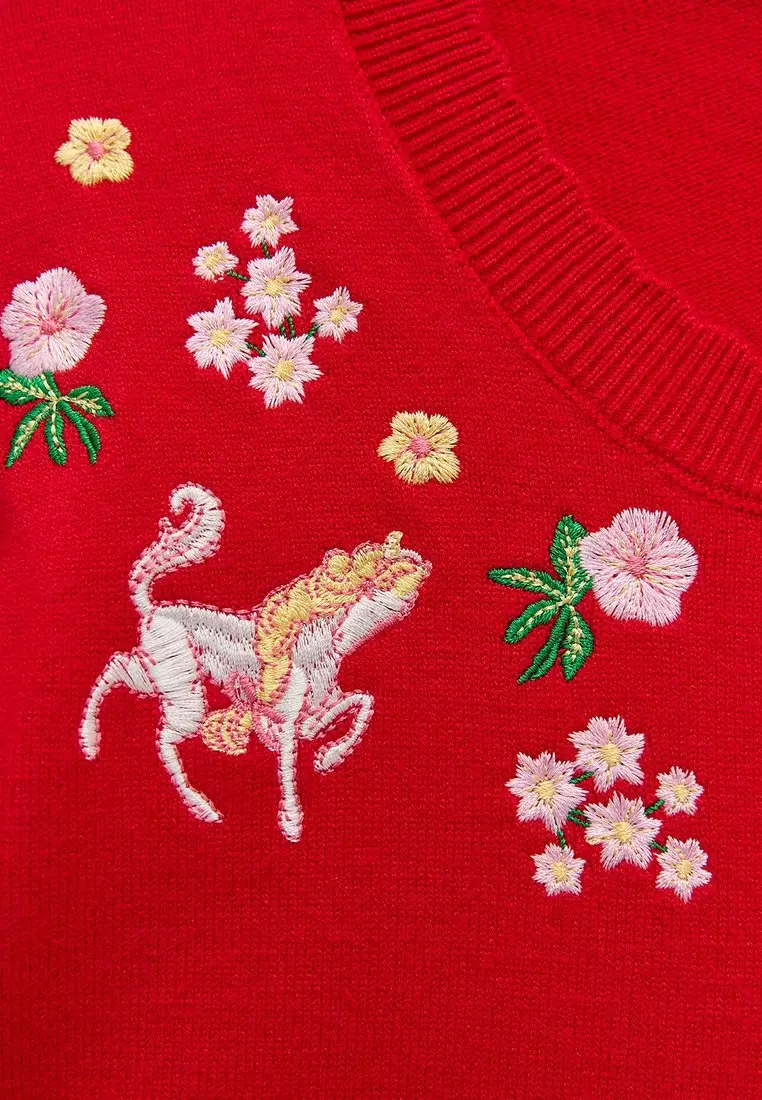 Embroidered Horse Cardigan - Red
