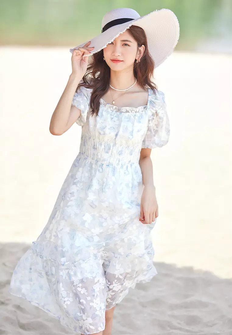 Puff Sleeve Square Neck Floral Shirred Midi A-Line Dress