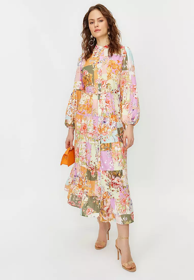 Multicolored Floral Patterned Linen Look Woven Dress with Belt Detail TCTSS24EB00042