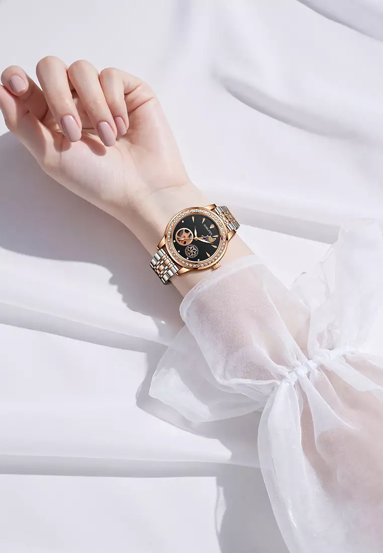 Jam Tangan Wanita E055 Korea Mewah Kuarsa Bercahaya Tali Paduan Jam Tangan Cewek Original black