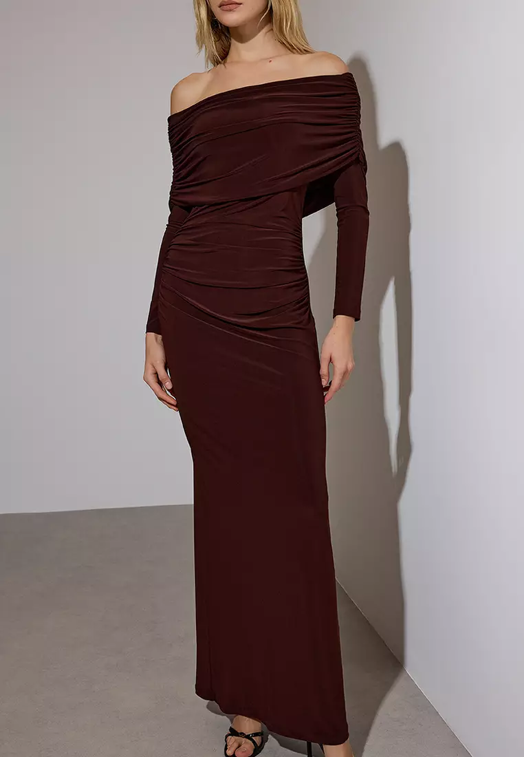 Ruched Carmen Collar Maxi Dress