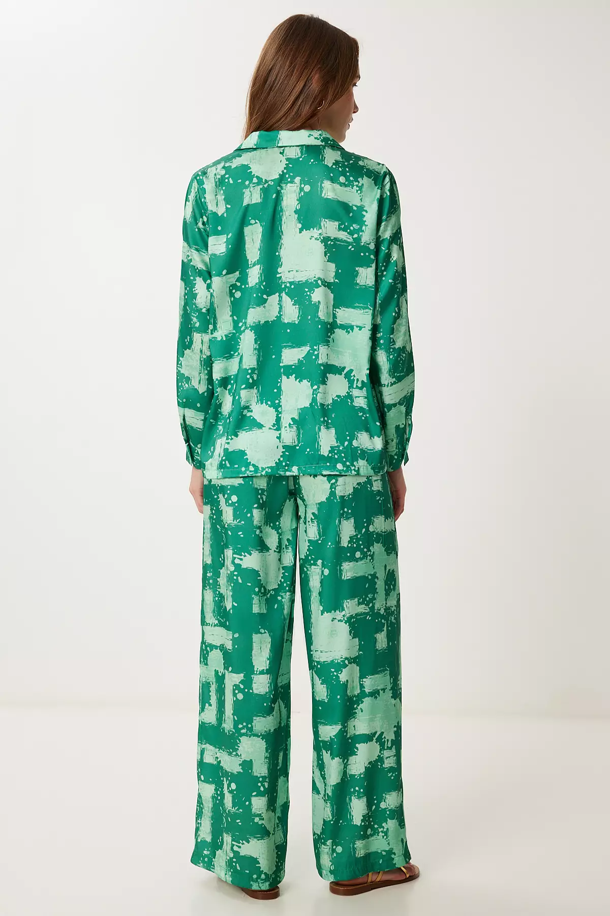 Women's Green Patterned Satin Shirt Pants Suit Fg00036