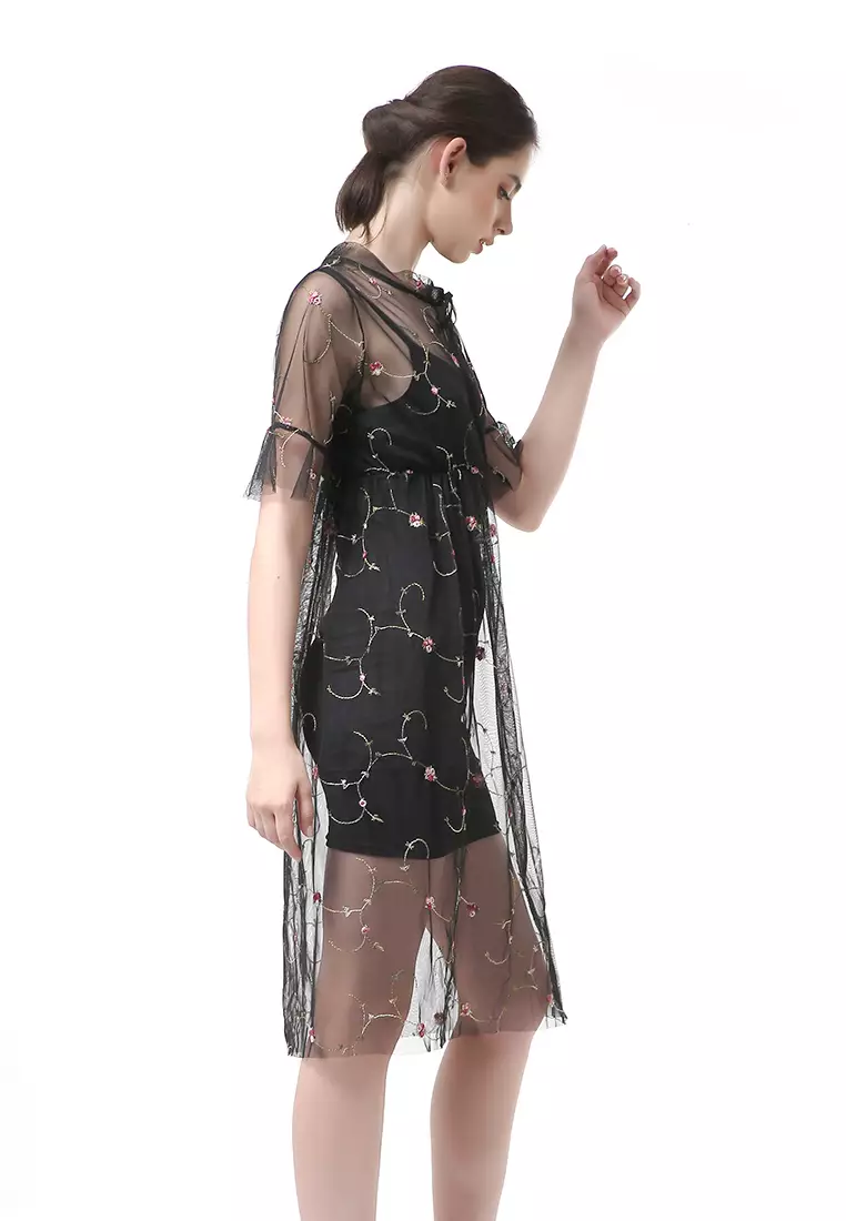 Rachel Midi Dress Wanita Lengan Pendek Koreaan Style Material Brukat ORIGINAL - Black