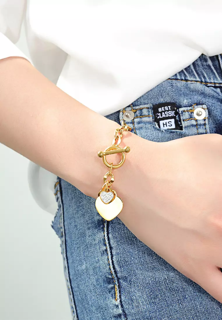 YOUNIQ MOET 18K Gold Titanium Steel Chain Bracelet with Heart Cubic Zirconia Stone Dangle
