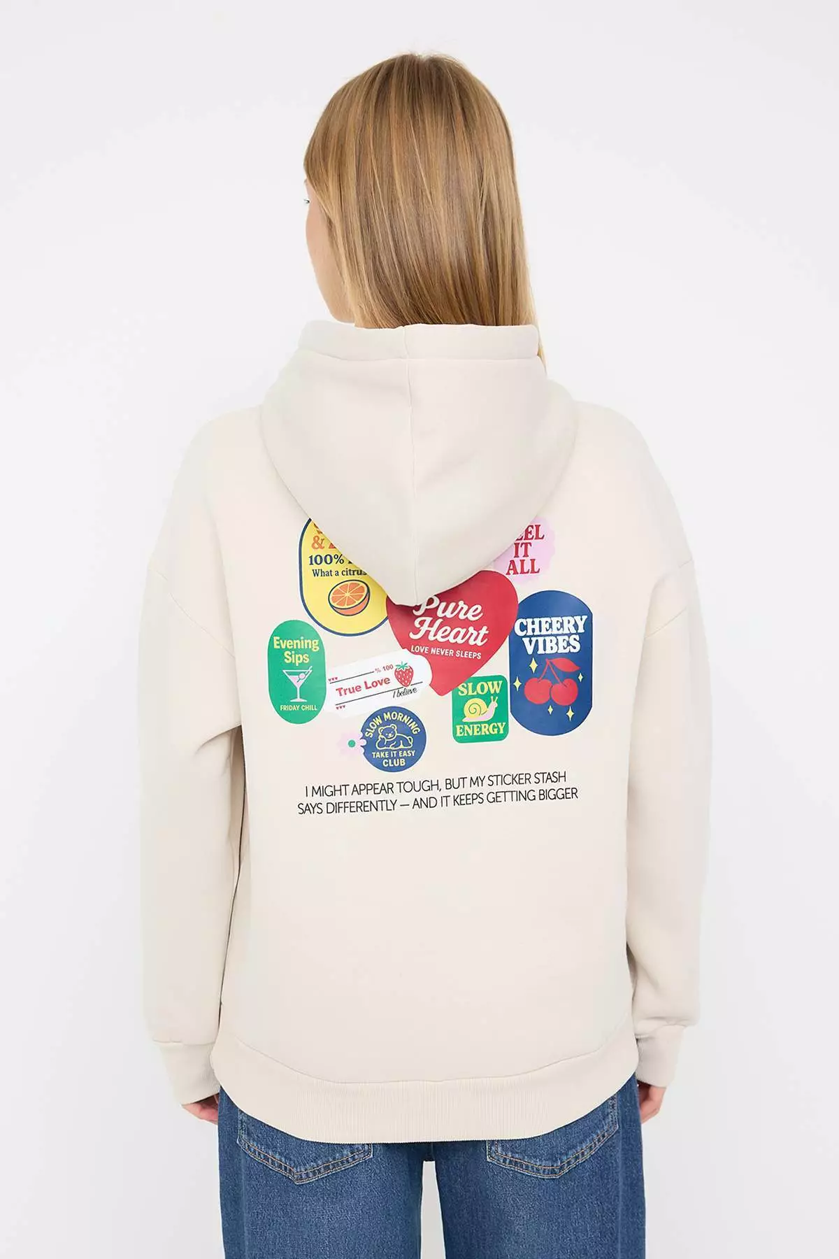 Stone Back Printed Hooded Oversize/Wide Pattern Knitted Sweatshirt