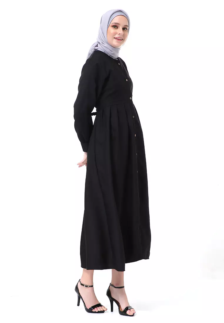 Kiyah Dress Button Muslimah Atasan Wanita Long Sleeve Premium Quality - Hitam