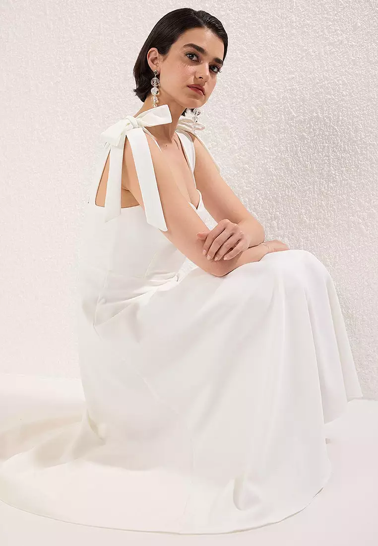 White A-Line Strap Binding Detail Woven Midi Stylish Evening Dress Night Graduation Dress Tprss24El00251