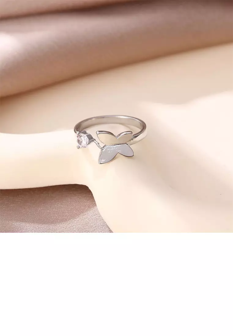 Simple Cute Butterfly Adjustable Open Ring with Cubic Zirconia