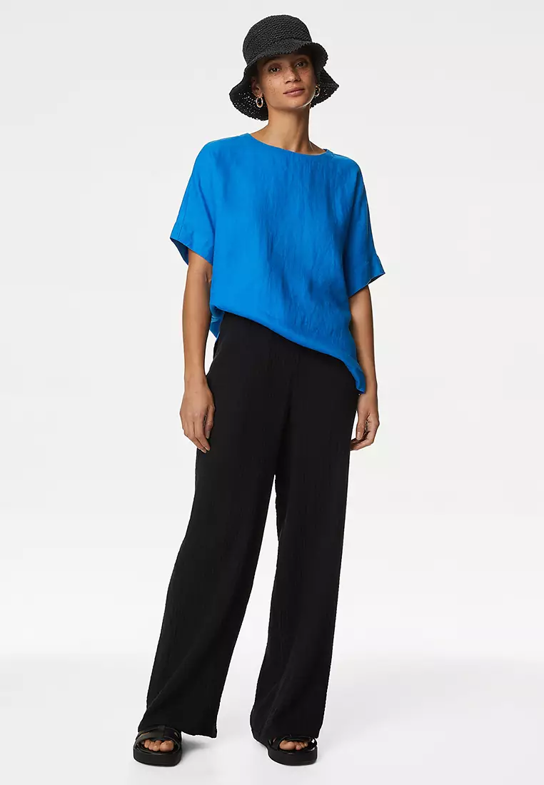 Pure Linen Round Neck Relaxed Blouse