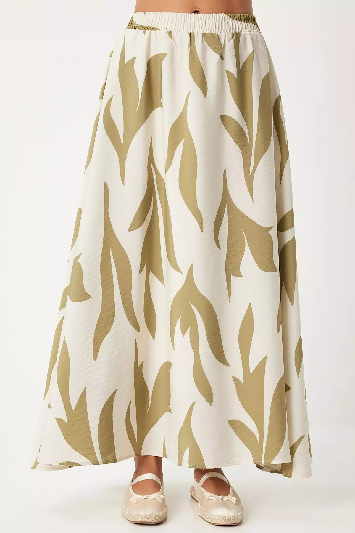 Beige Patterned Regular Basic Elastic Waist Skirt