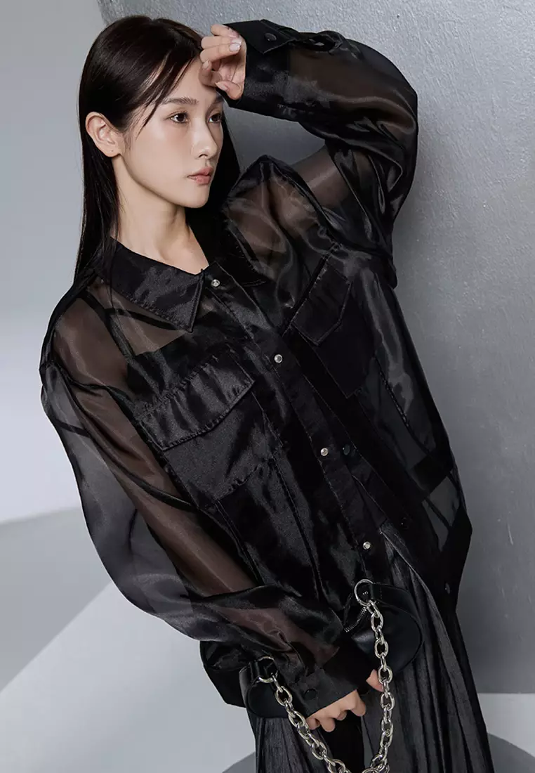 Black see through blouse sales