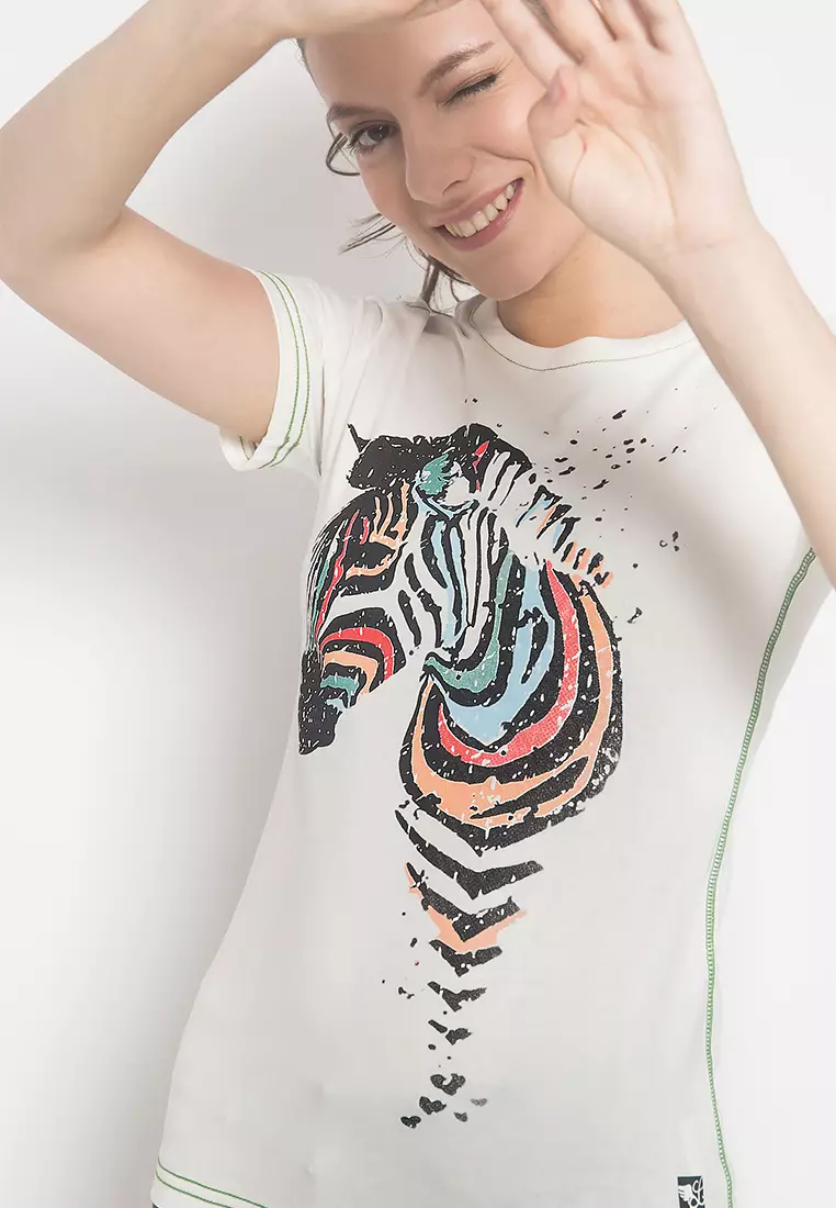 LGS - Slim Fit - Kaos Wanita - Putih - Motif Gambar - Lengan Pendek