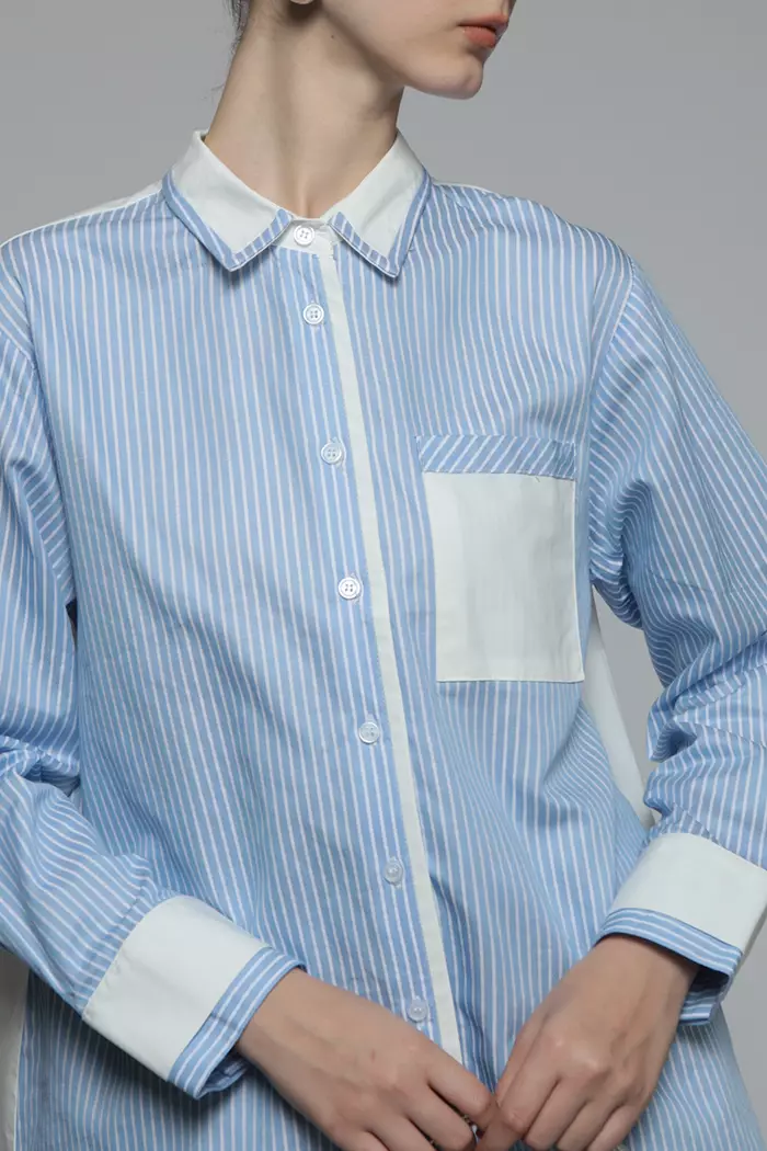 COTTONINK Studio - Atasan Kemeja Wanita Light Blue Striped Lumen #StudioEssentials
