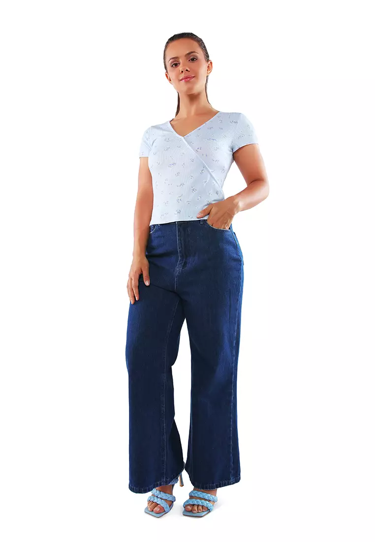 Surplice Neck Casual Summer Top in Blue