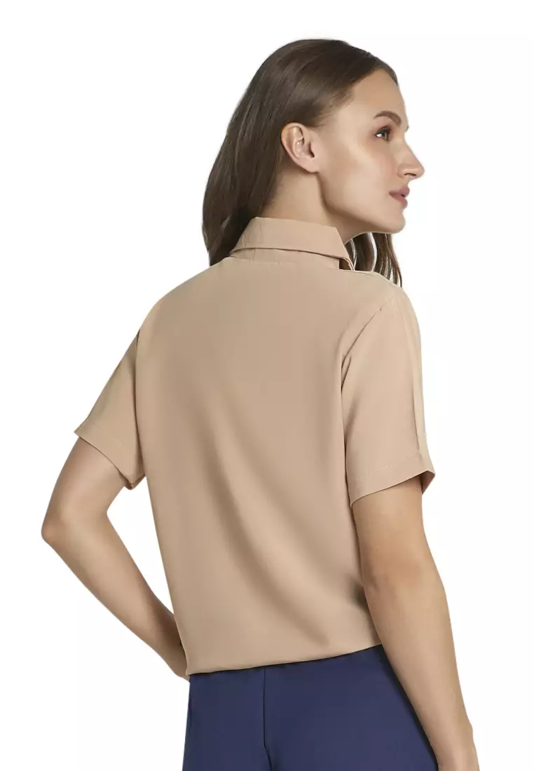 Roseanne Blouse Short Sleeve Motif Solid Atasan Baju Wanita Casual - Coklat Susu